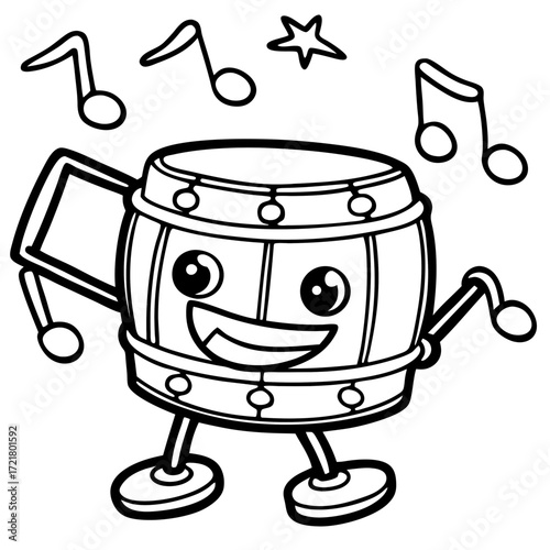 Happy Cartoon Drum Character Dancing to Music; Line Art Illustration