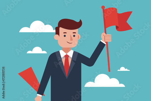 Businessman holding a red flag against a blue sky with clouds during daytime