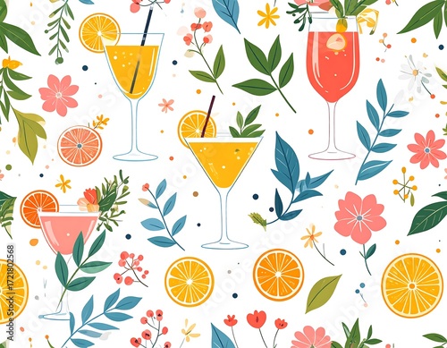 Vibrant cocktail pattern with floral elements