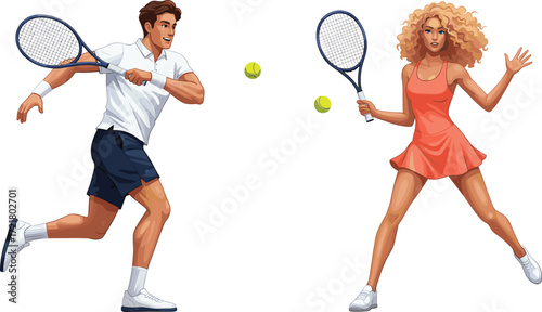 Tennis match, athletic man, sporty woman, outdoor court, active lifestyle, competitive game, summer sport, teamwork, motion, fitness, racket, energy