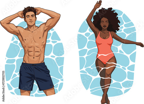 Summer swimwear illustration, cartoon man and woman, poolside vibe, muscular male, curly hair female, water ripple, vacation, lifestyle, fitness