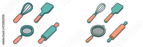 Kitchen utensils including whisks, spatulas, sieves, and rolling pins arranged for baking tasks in a clean workspace