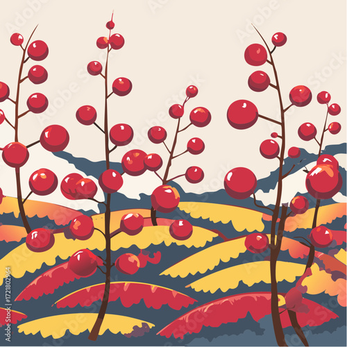 gouache currant thicket with ruby, crimson & amber leaves and frost-crackle veins
