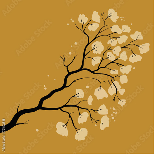 minimalist vector silhouette of aspen branch in black on ochre background