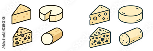 Different types of cheese arranged in an artistic layout highlighting various textures and shapes