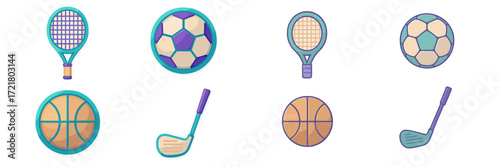 Collection of sports equipment icons including soccer balls, tennis rackets, and basketballs illustrated in colorful style
