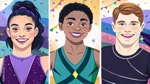 Vector illustration of girl and boy gymnasts performing moves set, artistic sports competition, balance, strength, youth athlete style.
