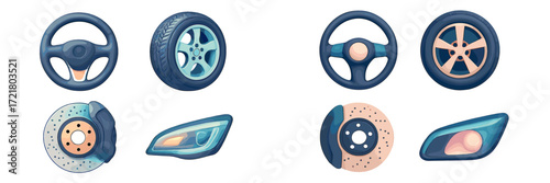 Digital illustrations of car parts including tires, steering wheels, and light fixtures arranged neatly on a background