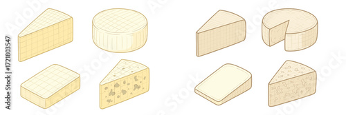 Selection of various cheese types displayed on a simple white background with different shapes and textures