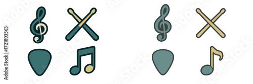 Collection of music symbols including notes, instruments, and clefs created with a simple and modern design
