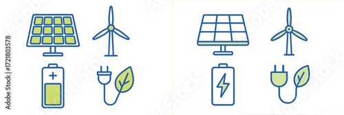 Renewable energy symbols showing solar panels, wind turbines, batteries, and eco-friendly power connections