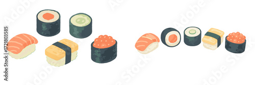 Colorful sushi selection with various rolls and nigiri served on a simple white background