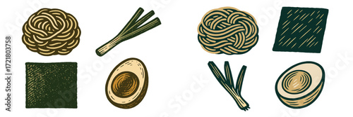 Variety of noodles and vegetables arranged in a simple, artistic layout for culinary presentation and meal preparation