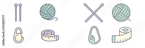 Knitting and crafting tools displayed with yarn and measuring tape in a clean, minimalistic layout