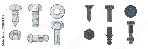 Various types of screws, bolts, and nuts displayed for mechanical use in a workshop setting
