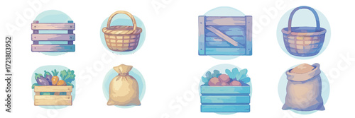 Various wooden crates and baskets filled with vegetables and fruits arranged in a simple flat design