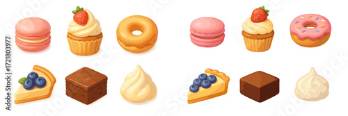 Colorful assortment of sweet desserts on a white background ideal for any celebration or bakery display