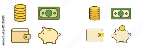Symbols of saving and spending in a simple and colorful design for financial education and awareness