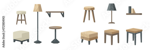 Various types of furniture designs displayed with lamps, stools, and tables in modern style for home decoration ideas