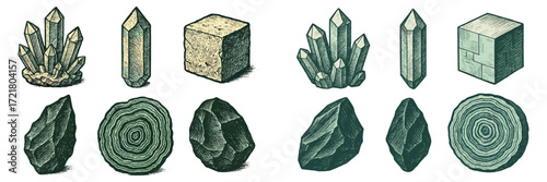 Various crystal shapes and formations displayed in a detailed illustration showcasing natural mineral structures