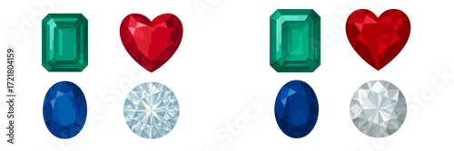 Colorful collection of gemstones displayed in various shapes and cuts on a simple white background