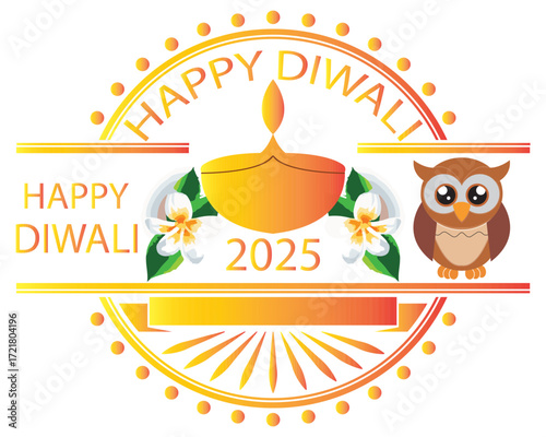 Happy Diwali 2025 festive greeting card design. Colorful Happy Diwali 2025 greeting card with traditional oil lamp, flowers, owl, and festive decorative elements on dark background. EPS 10/ AI