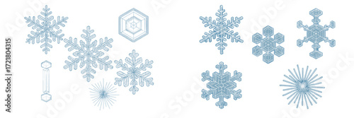Various snowflake designs and geometric shapes in light blue color on a white background