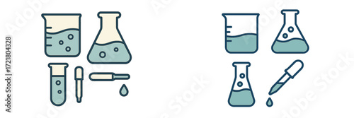 Variety of laboratory glassware with liquids and droppers for scientific experiments and research activities