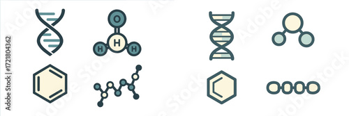Science symbols depicting DNA structures, molecular models, and chemical compounds in a clean design suitable for educational purposes