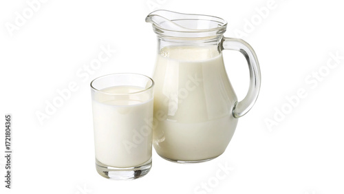 Obraz na plátně Fresh milk served in a glass and pitcher on a simple table setting in a cozy kit