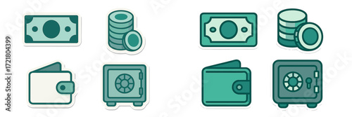 Various illustrations of money, wallets, and safes representing financial concepts and transactions