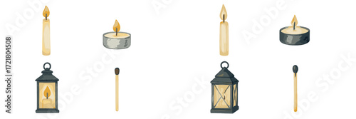 Various types of candles and lanterns in different designs for warm lighting and ambiance