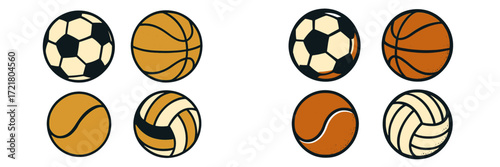 Sports balls collection showing soccer, basketball, volleyball, and tennis designs in flat style