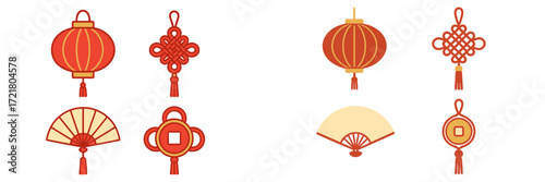 Colorful decorations for cultural celebrations featuring lanterns, fans, and knots in traditional designs