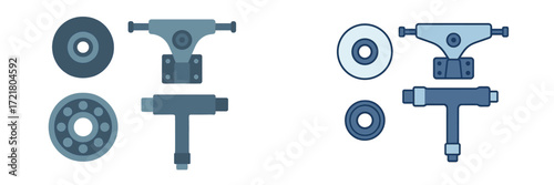 Detailed view of skateboard truck and wheel components arranged for easy understanding