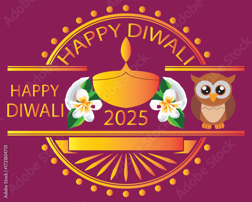 Happy Diwali 2025 festive greeting card design. Colorful Happy Diwali 2025 greeting card with traditional oil lamp, flowers, owl, and festive decorative elements on dark background. EPS 10/ AI