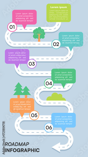 Colorful Roadmap Infographic With Six Steps Labels Trees And Milestone Pointers On Blue Background Vector
