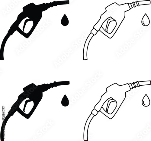 Black and White Gas Pump Nozzle Icons with Fuel Drops Keywords: gas pump, fuel nozzle, gasoline