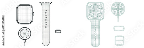 Design layout of a smartwatch with charging dock and strap components displayed in wireframe style