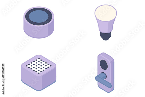 Different smart home devices shown in purple color including a speaker, light bulb, sound box, and door lock