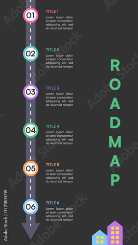 Vertical Roadmap Infographic with Dark Background, Straight Path, and Colorful Milestone Circles