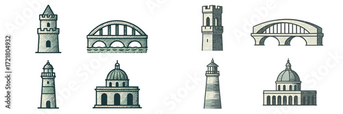 Various architectural structures showcasing bridges, towers, and domes in a simple, illustrative style