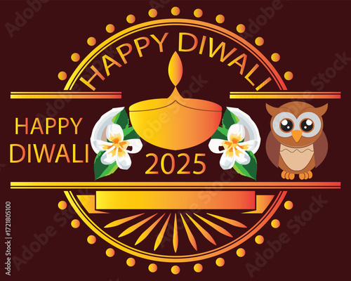 Happy Diwali 2025 festive greeting card design. Colorful Happy Diwali 2025 greeting card with traditional oil lamp, flowers, owl, and festive decorative elements on dark background. EPS 10/ AI