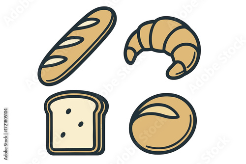Different types of baked bread and pastries displayed together on a light background in a simple design