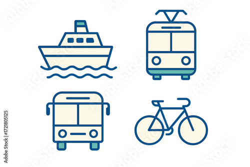 Various modes of transportation including boat, tram, bus, and bicycle depicted in simple illustrations