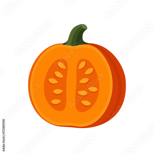 Half orange pumpkin with seeds isolated flat vector illustration