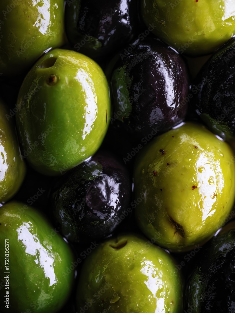 Obraz premium Ultra macro close up of green and black olives with glossy texture and natural details
