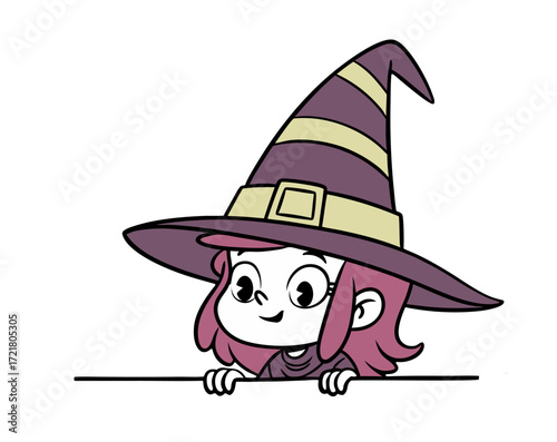 A cute cartoon girl in a witch costume with a large pointy hat peeking over a border. Halloween, isolated on a white background.