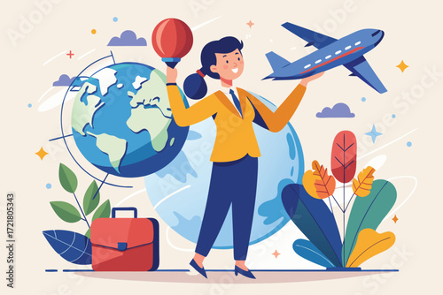 Woman holding a hot air balloon and airplane in a travel-themed illustration with a globe and suitcase