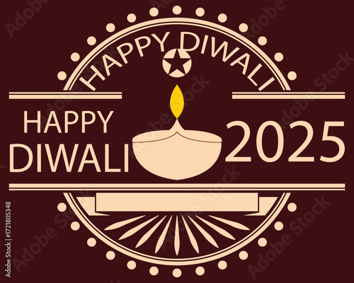 Happy Diwali 2025 festive greeting card design. Colorful Happy Diwali 2025 greeting card with traditional oil lamp, flowers, owl, and festive decorative elements on dark background. EPS 10/ AI